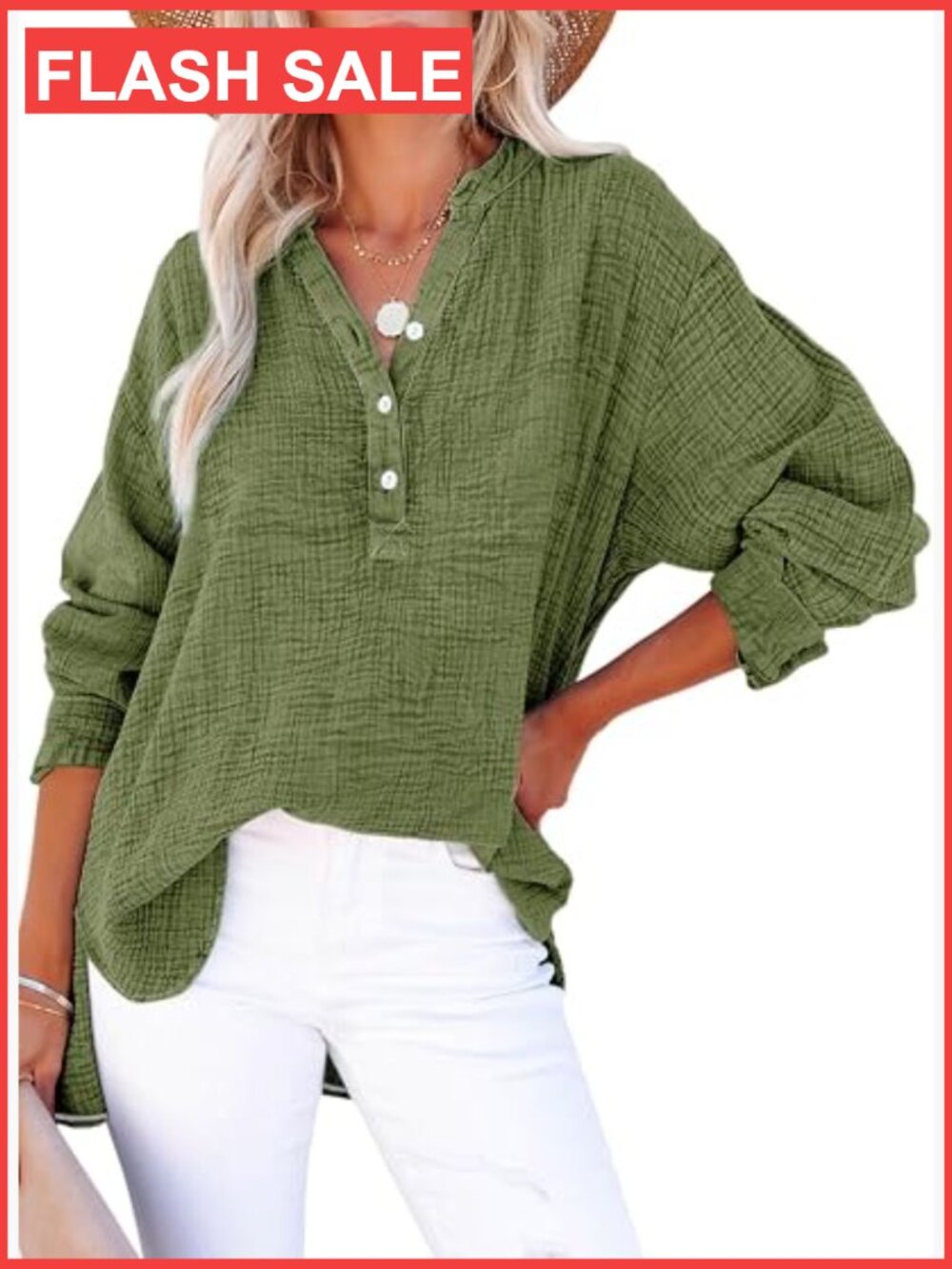 Casual Button Down V Neck Long Sleeve Blouse Oversized Tunic Top